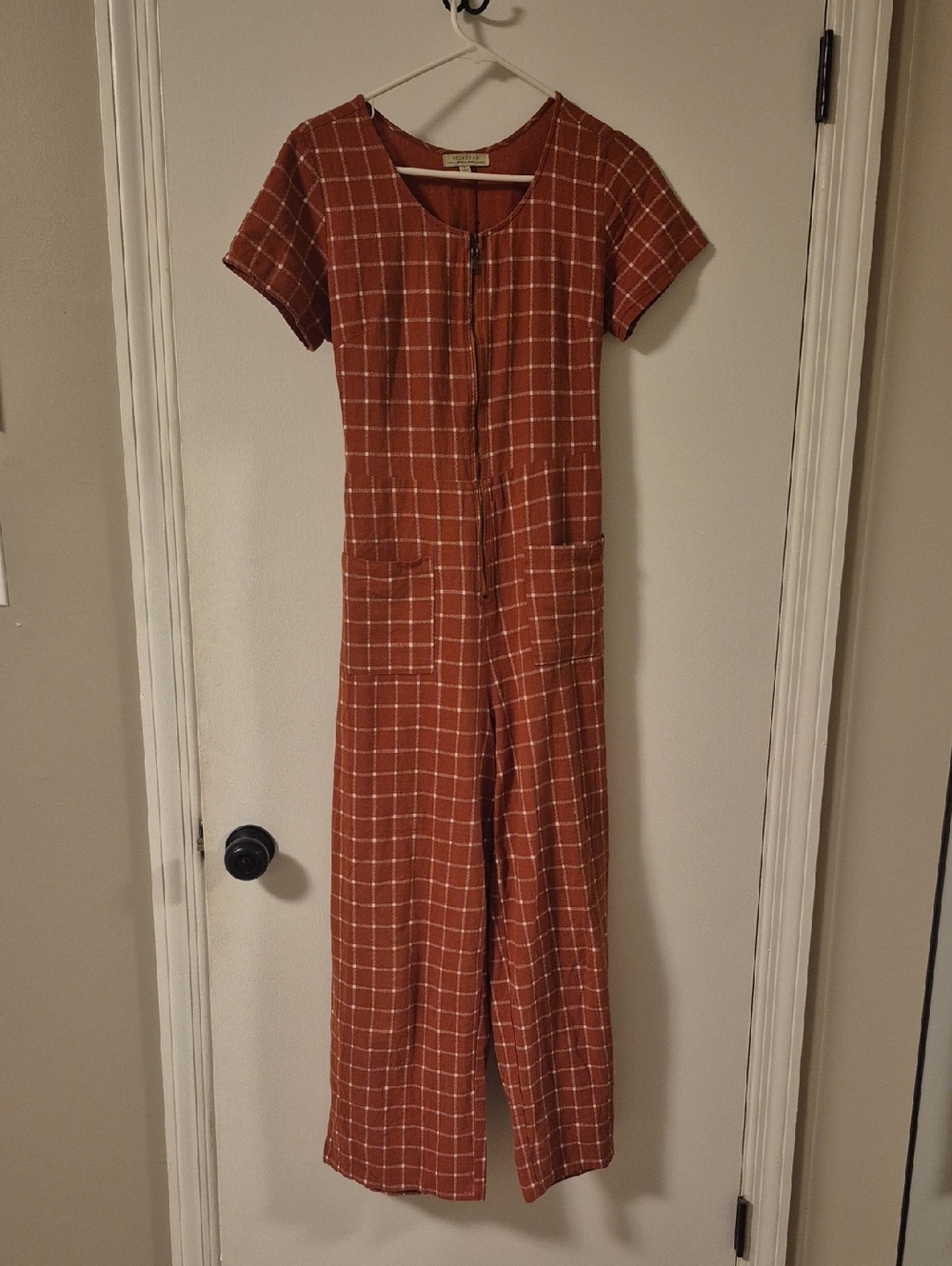 Polagram Rust Windowpane Zip-Front Jumpsuit
